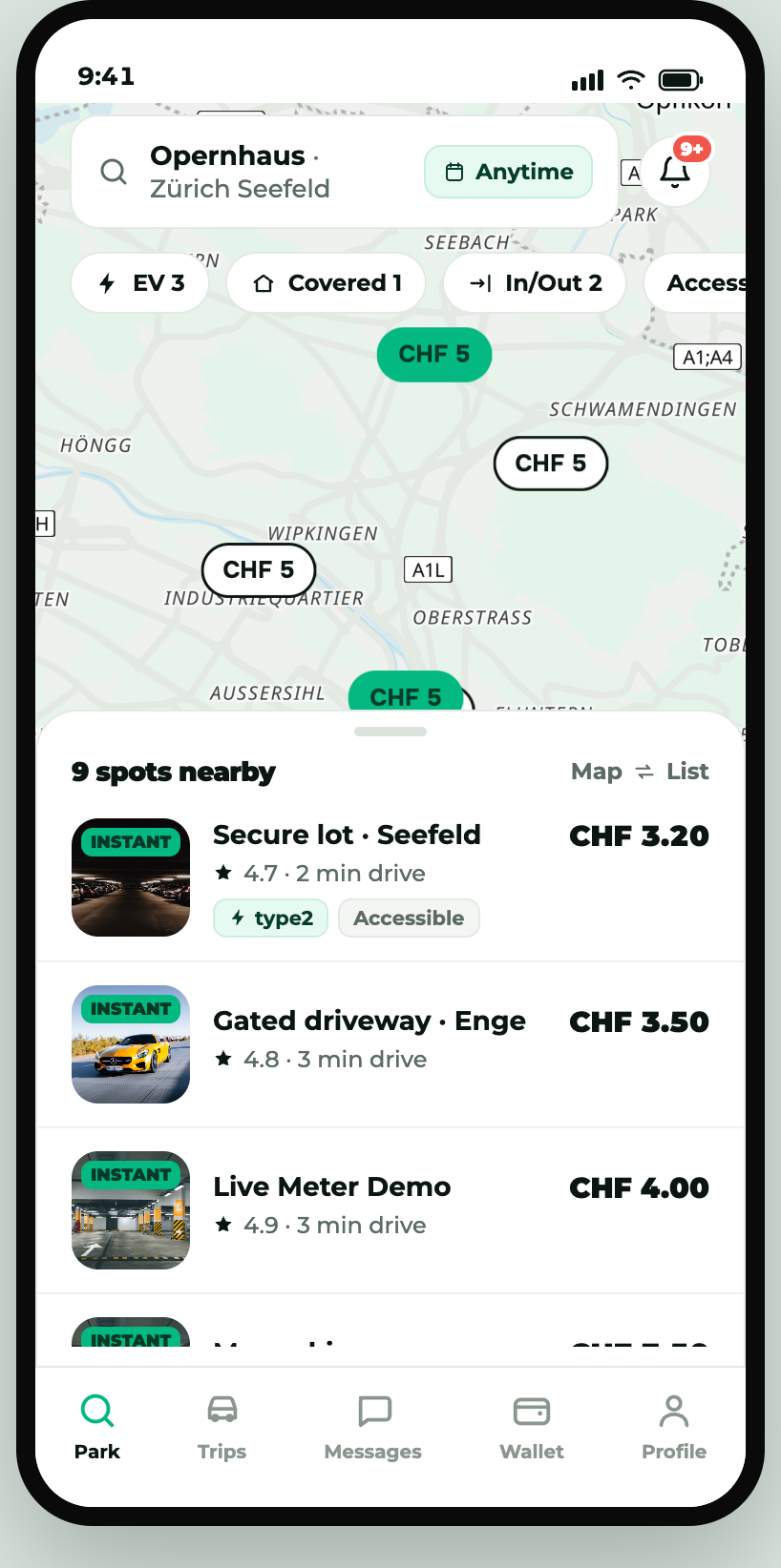 The Parkberry app showing private parking spots on a map of Zürich with live prices